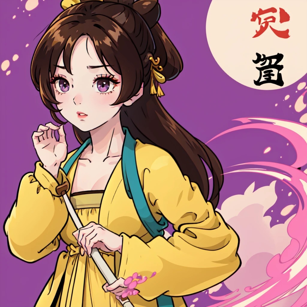 1 girl, purple eyes,( Best Quality, ancient china), pastel yellow long hanfu with touches of bright yellow, long brown hair

