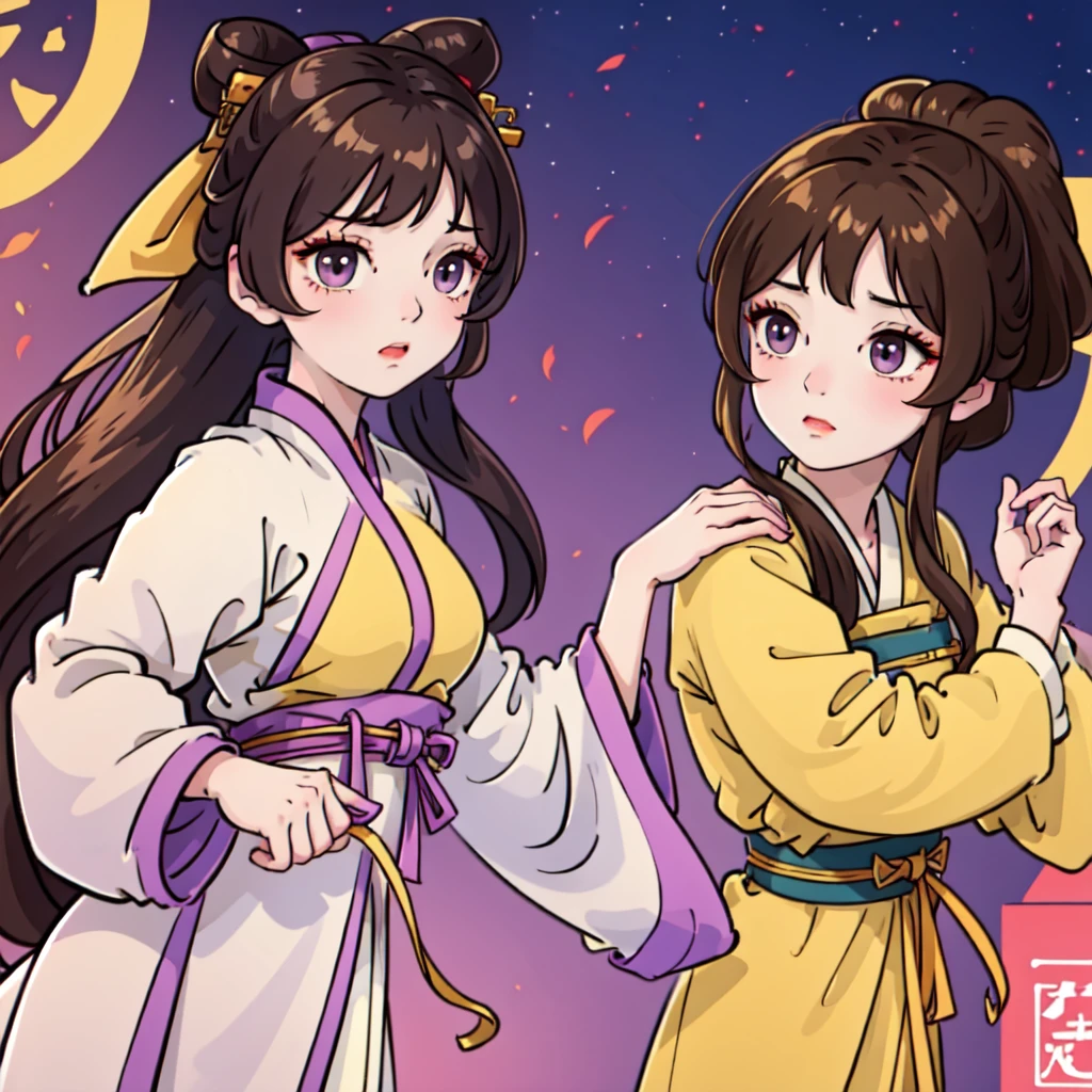 1 girl, purple eyes,( Best Quality, ancient china), pastel yellow long hanfu with touches of bright yellow, long brown hair

