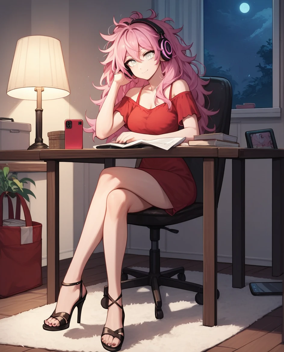 score_9, score_8_up, score_7_up, score_6_up, score_5_up, score_4_up, source_anime, 1woman, sit, chair, table, pink hair, headphones, smartphone, listening music, watching smartphone, long hair, white eyes, messy hair, red dress, crossed legs, black high heels, sandals, Put your foot on the box, living room, night, lamps, best quality, best res, 4K UHD,
 