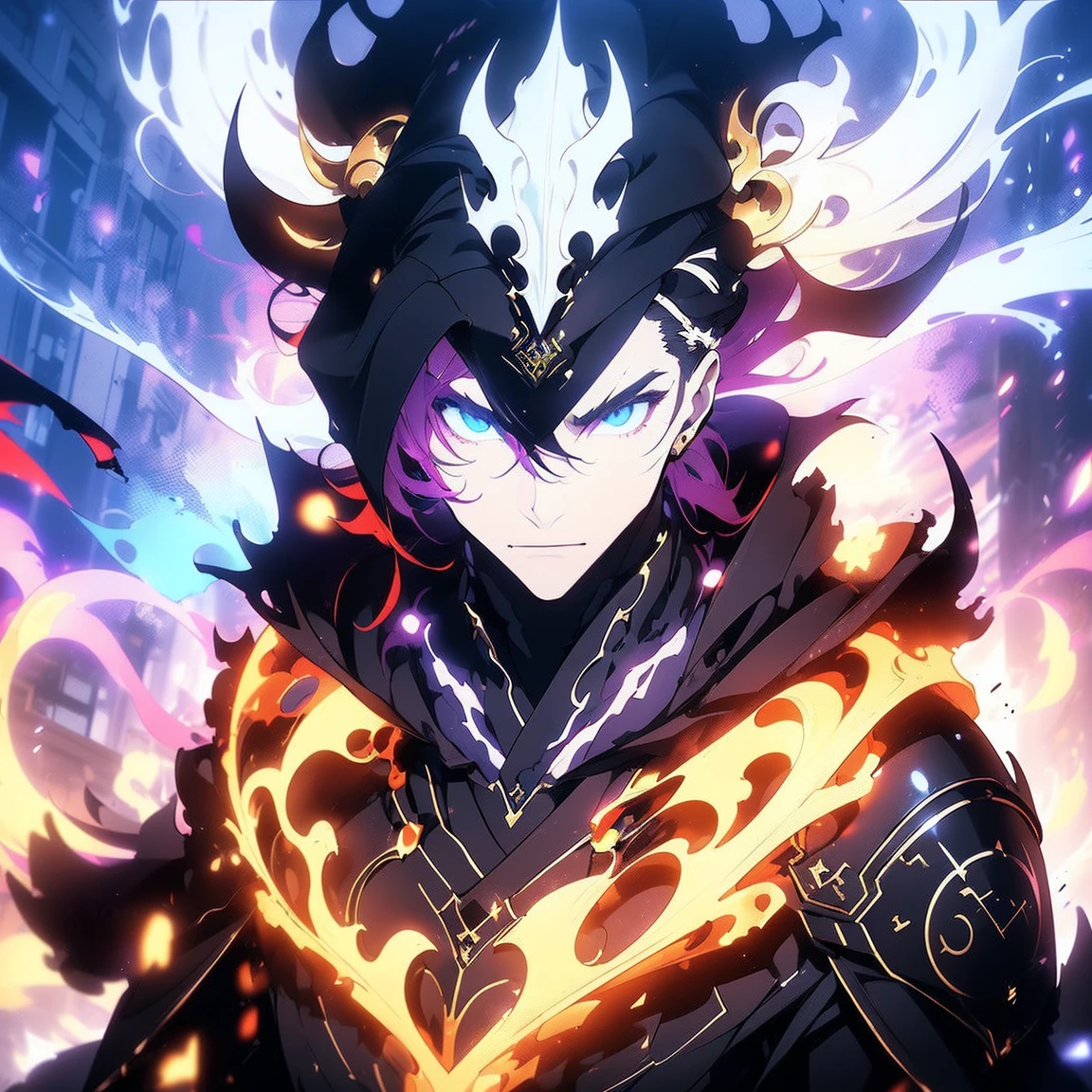 (Onmyoji theme)), (in 8K、top-quality、masterpiece:1.2)、Vampire、Cyberpunk men、fantasy worlds、dark backgrounds、Clean design、Magnificent Instagram、art stations、Colorful paint splatter、silhuette、Ultra-detailed intricate details、unrealengine、Fantasia、intricate detailes、Splash Screen、Complementary color scheme、Fantasy concept art、an oil painting、heavy strokes、Paint dripping、(isolated on white:1.3)、Rainbow skin、(((Handsome young man)))、(glowingblueeyes)、 ((Bright eye)), (( Spiky Hair, Yellow hair:1.1))), ((Black Millitary Coat)), (prinz\\(indifferent look\\),(Wearing a luxurious black robe with high detail))), Yellow-haired, Frost Rune magic, ((Wizard)).