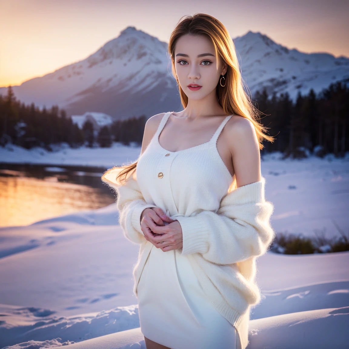 ((top quality、8k、Masterpiece:1.3))、Extremely delicate and beautiful girl,full-body shot,huge breasts,bigger breasts,amazing breast size,G cup,Half of the breasts are exposed。Wear big earrings,Very white skin,moist red lips,Waist is very thin,Thighs are very thin,big butt,fair and smooth skin,Smooth and fair skin,flawless skin,Fair and shiny skin,cold white skin,The camera focuses on the chest,Bright light,white sweater,Lower body exposed,white hair,heavy snow,snow mountain,sunset,lake