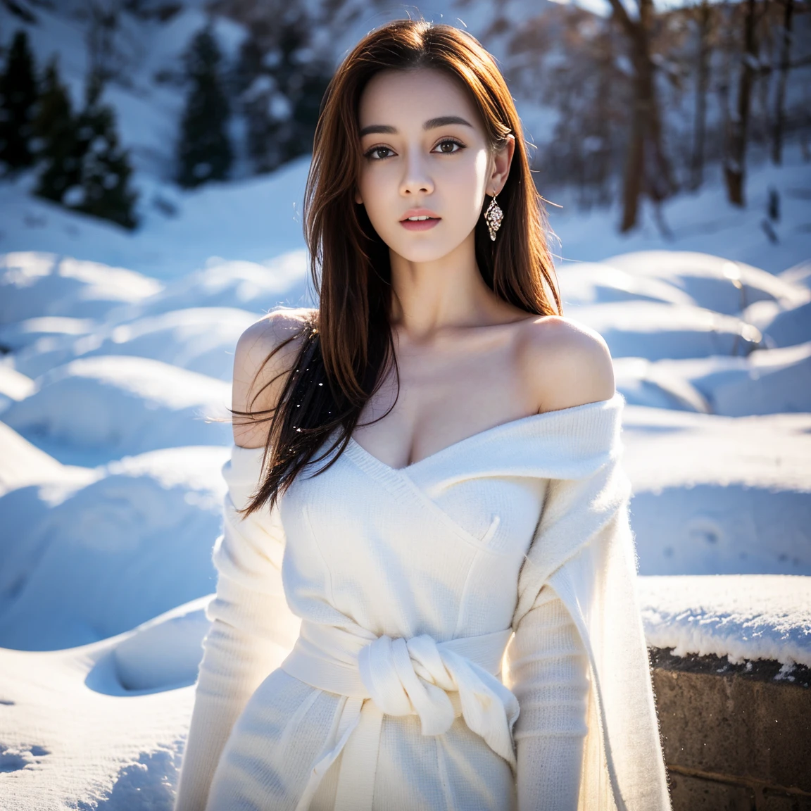 ((top quality、8k、​Masterpiece:1.3))、Extremely delicate and beautiful girl，full-body shot，huge ，bigger ，amazing breast size，G cup。Wear big earrings，Very white skin，moist red lips，Waist is very thin，Thighs are very thin，big butt，fair and smooth skin，Smooth and fair skin，flawless skin，Fair and shiny skin，cold white skin，The camera focuses on the chest，Bright light，white sweater，Lower body exposed，bare shoulders，light blonde hair，The hair is light blonde，Snow covers the ground，snow mountain，sunset，lake