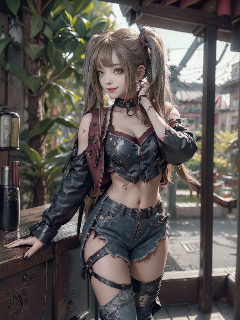 (Full body:1.4)、(Full Body View:1.4)、(Side view:1.1)、(Smiling with teeth showing:1.3),(Shibuya Gal:1.5)、(Beautiful:1.5)、(Punk RockVisual Kei:1.4)、(Burgundy denim with khaki and brown medieval tattered zip up:1.5)、(Wine red arm covers and tattered bugle pants:1.5)、(Wine red high heels:1.3)、(Wearing silver accessories:1.5)、(Dark brown collar:1.4)、(Leather garter belt:1.4)、(Red skin belt:1.3)、(Red lace underwear:1.5)、30 years old、NSFW、((Highest quality、In 8K、masterpiece:1.3))、Sharp focus:1.2、(Layered Cut、Huge boobs:1.1),Beautiful woman with perfect figure:1.4、(Doing an aerobics pose:1.3)、Slender Abs:1.2、Highly detailed face and skin texture、Detailed eyes、double eyelid,(Twin tails:1.3)、(Brown-golden hair:1.3)、Gravure idol、(A fairytale-like cafe with a lush tree background:1.3)、(Slim Body:1.3),(Make your legs thinner:1.4),(Thin, thin thighs:1.3)、(clavicle:1.1)