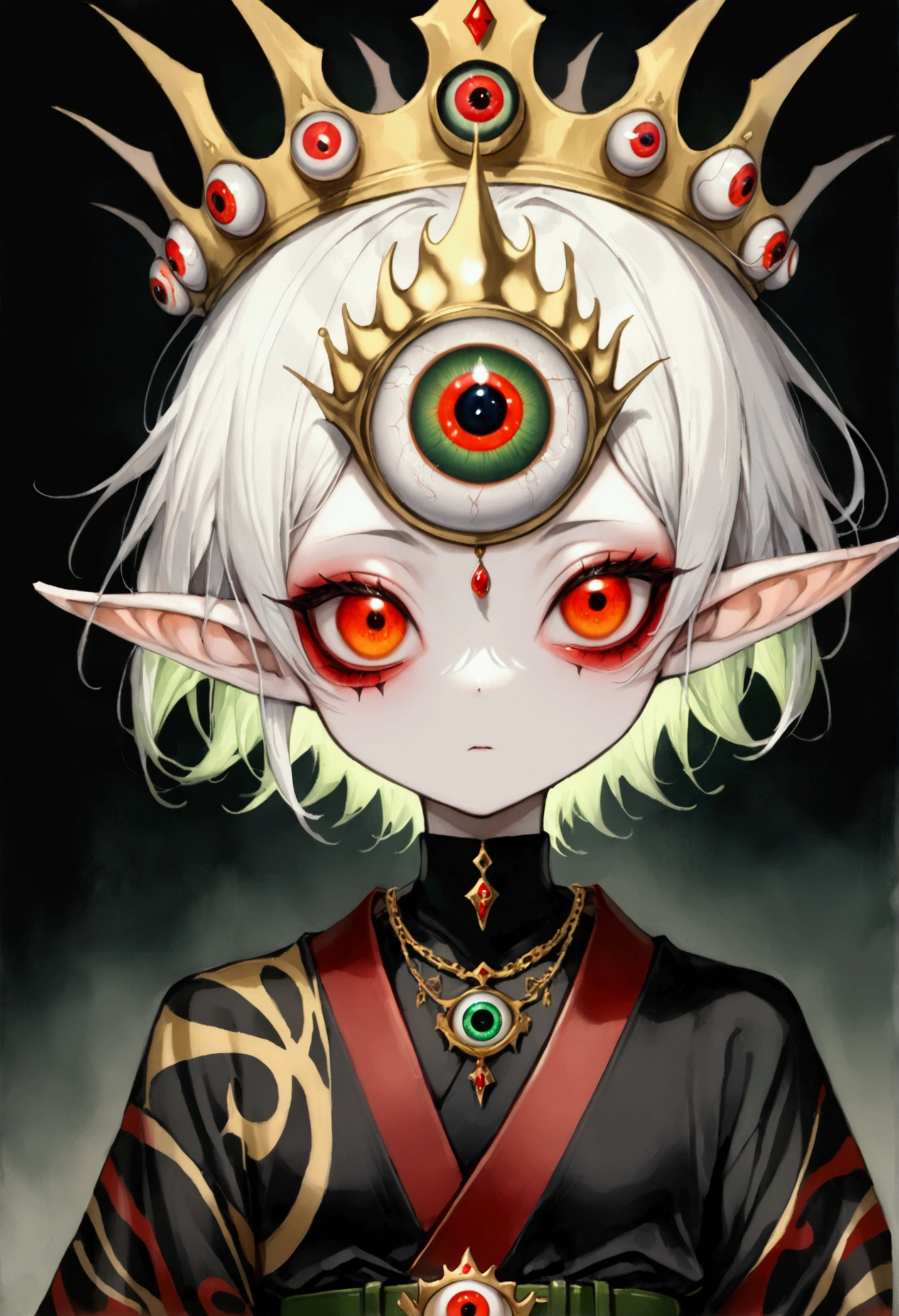 Japanese Anime,Second Dimension,Horror style,horror character,(((Three-eyed boy,独奏,third eye on the forehead:1.1.Dark eyeshadow,White short hair,Elf ears,Exaggerated golden crown-eyeball decoration))),(((Gorgeous Japanese red kimono,Eye pattern,Dark Pattern))).(((Thin waist,Green belt:1.6))).(style of santiago caruso,Tattoo on the neck),Ink smudged black background blur