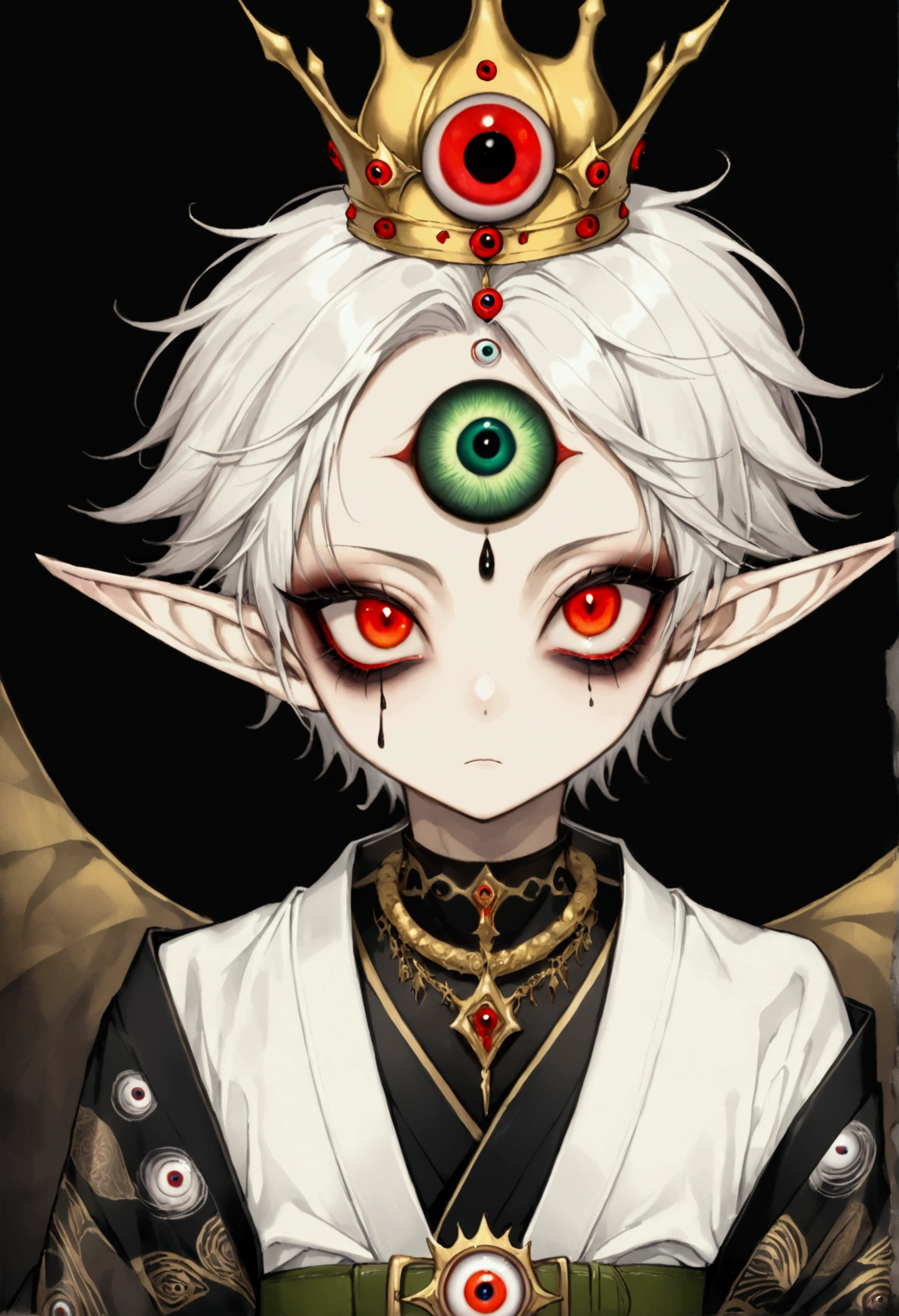 Japanese Anime,Second Dimension,Horror style,horror character,(((Three-eyed boy,独奏,third eye on the forehead:1.1.Dark eyeshadow,White short hair,Elf ears,Exaggerated golden crown-eyeball decoration))),(((Gorgeous Japanese red kimono,Eye pattern,Dark Pattern))).(((Thin waist,Green belt:1.6))).(style of santiago caruso,Tattoo on the neck),Ink smudged black background blur