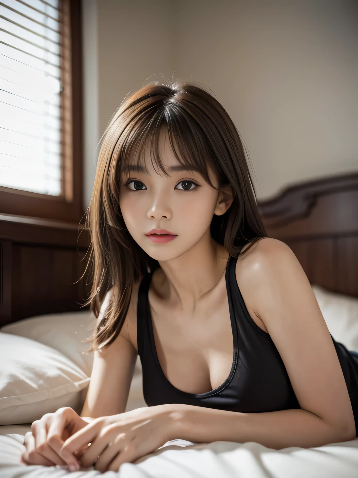 8K resolution, masterpiece, ultra high res, extremely detailed, photorealistic, an extremely delicate and beautiful, detailed skin, beautiful realistic face, detailed face, One Girl, 19 years old, Attractive Japan Woman Pictures, best light, modelshoot style, dramatic angle, light brown hair, asymmetrical hair, asymmetrical bangs, messy hair, elegant pose, Perfect female body, perfect and delicate limbs, Perfect Body, lie on bed, (tank top:1.3), (looking at viewer:1.1),