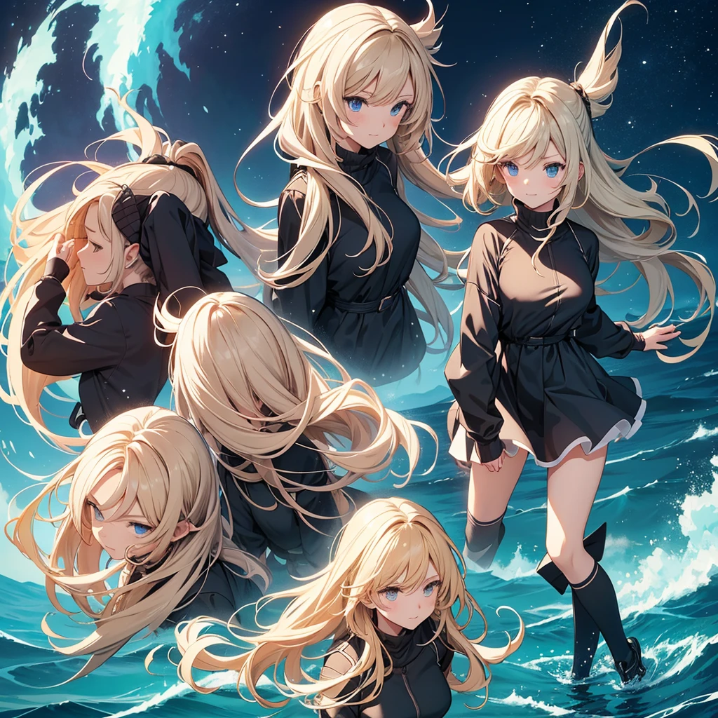 make a image in a a grid of nine panels, like a sprite sheet, in images have to be a anime girl portrait, same girl in all panels, As the sequence progresses, the character's hair becomes increasingly disheveled and animated, suggesting movement or wind action