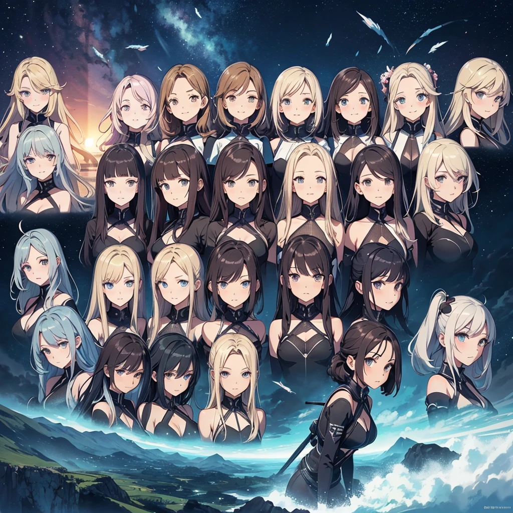 make a image in a a grid of nine panels, like a sprite sheet, in images have to be a anime girl portrait, same girl in all panels, As the sequence progresses, the character's hair becomes increasingly disheveled and animated, suggesting movement or wind action