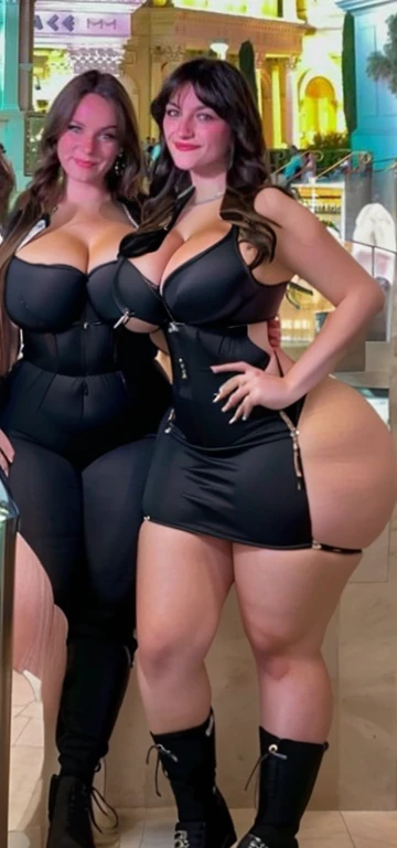 two women posing for a picture in a mall, Big tits, huge , no clothes, sexy, cute, wide hips, thick thighs, pear-shaped body, minimal clothes, thick, thick nipples, nipple piercings, large areola, hard nipples, piercing through shirt, nipples hard through shirt, busty, major cleavage, naked, ripping through top, spilling over sides, bra too tight, giant , dominatrix, dominatrix clothes, revealing clothes, ass so fat you can see it from the front, giant tits, huge ass from side, multiple girls, wide girls, 2 girls with huge tits naked, naked two girls