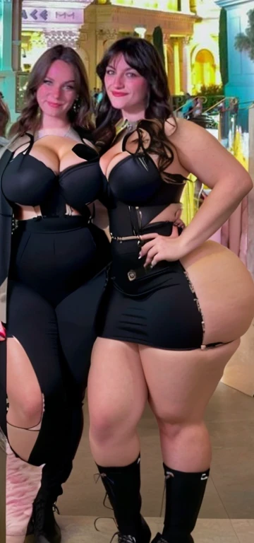 two women posing for a picture in a mall, Big tits, huge , no clothes, sexy, cute, wide hips, thick thighs, pear-shaped body, minimal clothes, thick, thick nipples, nipple piercings, large areola, hard nipples, piercing through shirt, nipples hard through shirt, busty, major cleavage, naked, ripping through top, spilling over sides, bra too tight, giant , dominatrix, dominatrix clothes, revealing clothes, ass so fat you can see it from the front, giant tits, huge ass from side, multiple girls, wide girls, 2 girls with huge tits naked, naked two girls