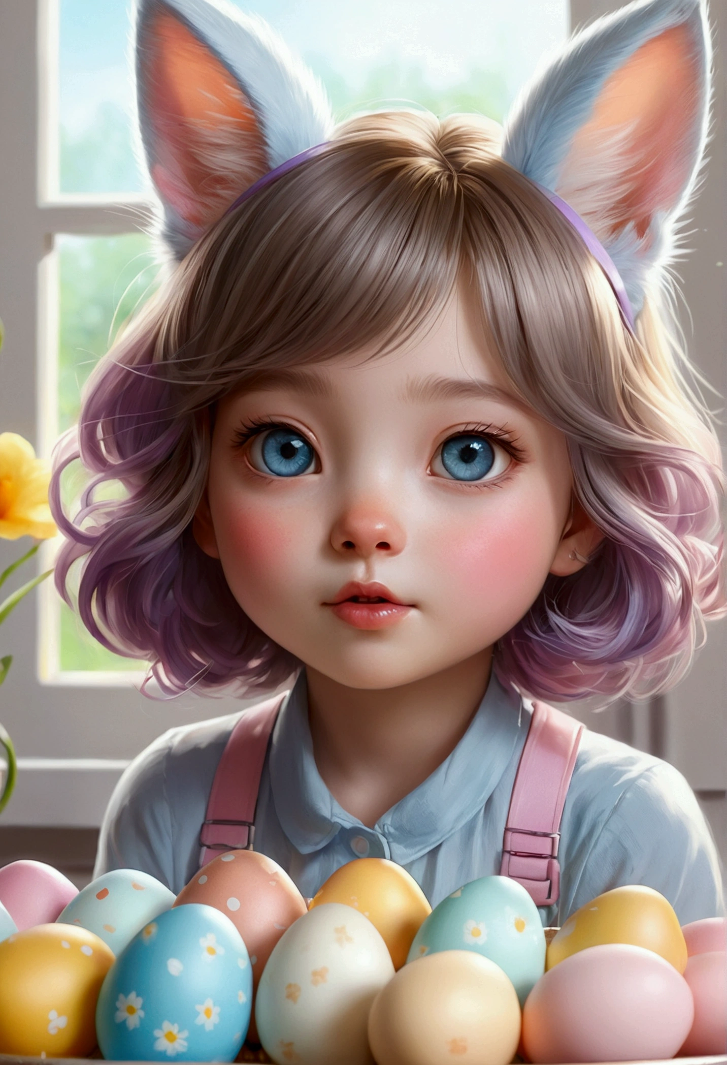 Beautiful  with dreamy eyes, Little cat, Volumetric Light, Ultra-realistic, Intricate details, shape, Painting, watercolor, Cute Chibi, Eating Easter eggs, ah!, Shallow depth of field, Pastel Color Palette, Soft lighting, minimum, Modern, Digital Painting, Lois van Baerle、Ross Tran、Art by artgerm, Artstation HQのトレンド, Very detailed，Sleep，Are sleeping