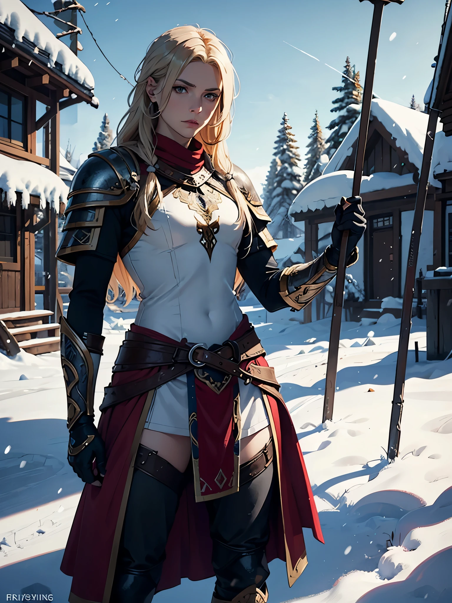 More clothing. armor. masculinity. Nordic goddess. Freya goddess. 2d. flat. Muscles. Vikings. Woman with ash blonde hair. Viking. Snow. Wolf. 