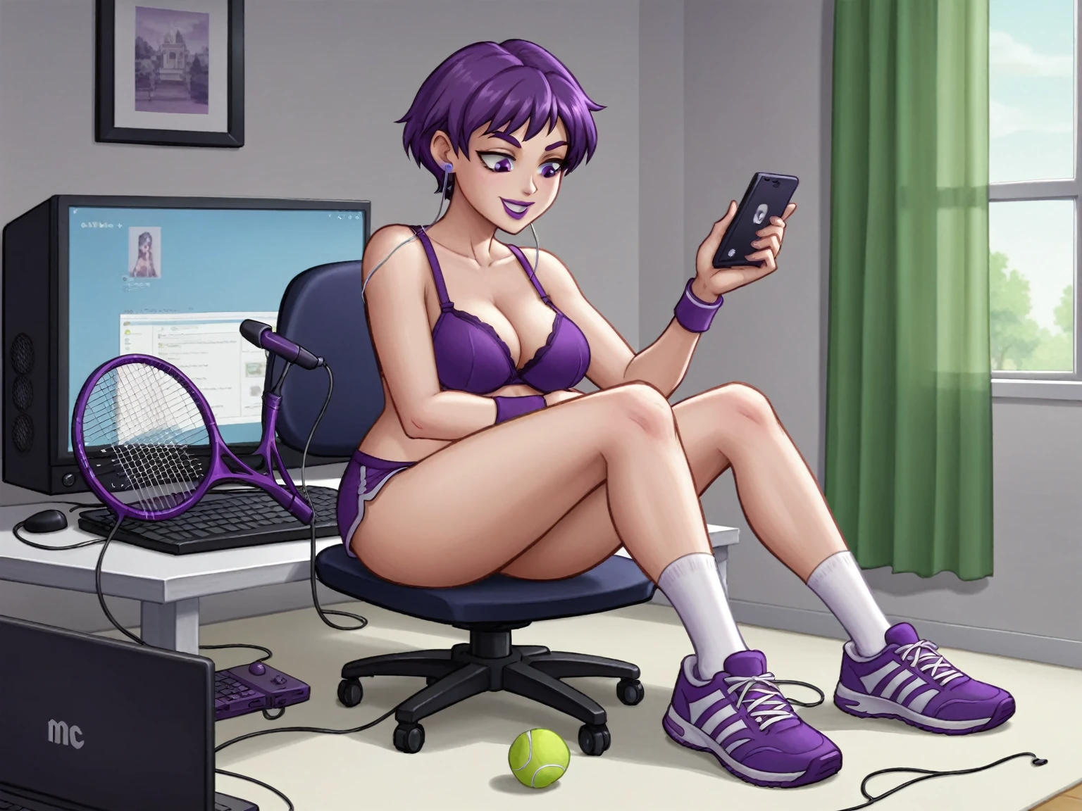 score_8_up, score_7_up, BREAK, screencap, 1girl, solo, purple hair, female, teenage, short hair, purple eyes, purple eyelids, purple eyebrows, large breast, bra size c+, full body, purple lipstick, women's plus size 18 hour ultimate shoulder comfort wireless purple bra, bali women's double support purple brief, white socks, purple and white tennis shoes, purple bracelet, purple earrings, looking at viewers, indoors, washington d.c., white house, large bedroom, smartphone, ipod touch, earbuds, digital camera, tennis ball, tennis racket, laptop, computer desktop, desk, printer, speakers, smile, windows, curtains, am/fm radio with cd player, purple chair