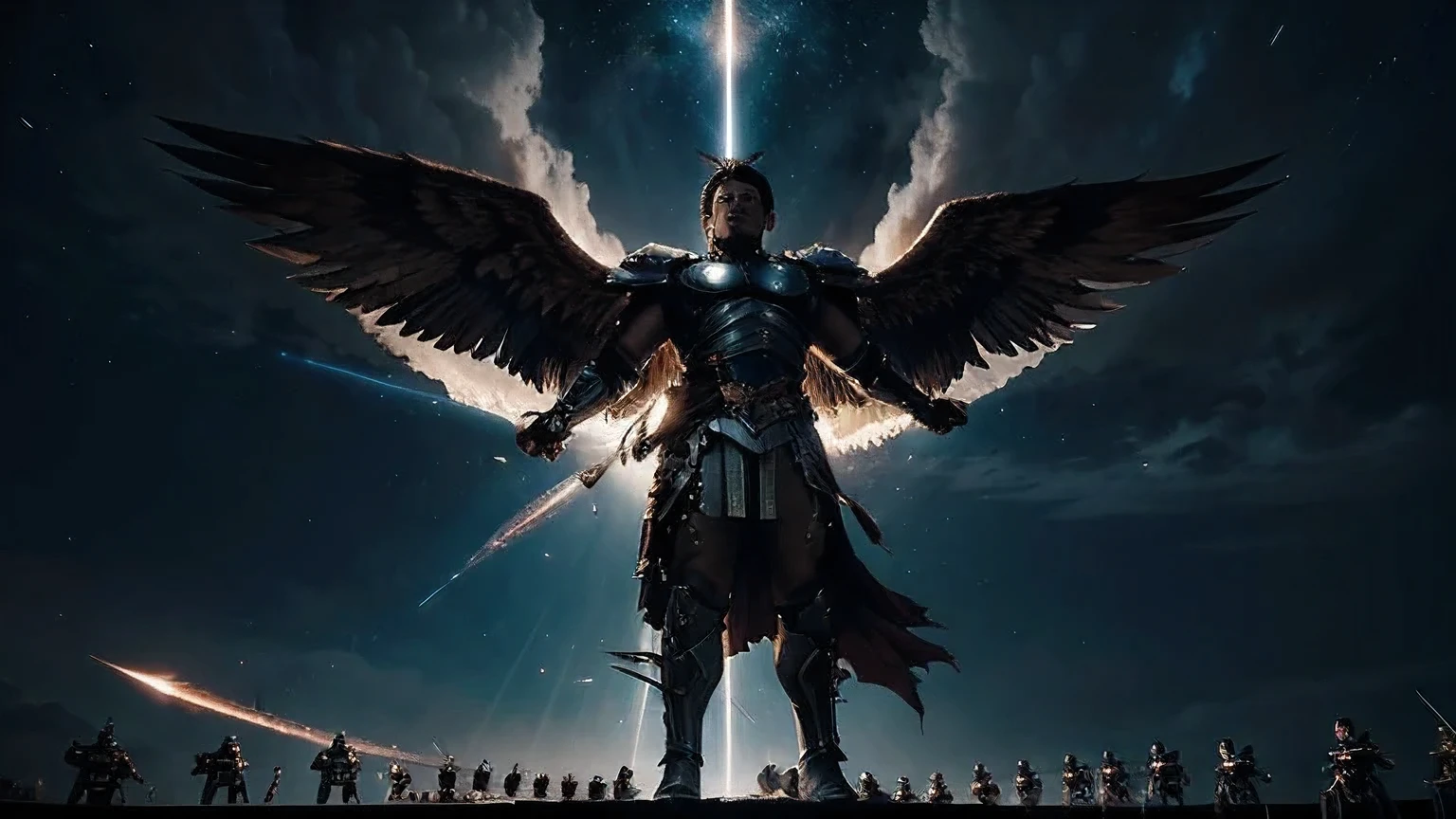 A breathtaking cinematic photo captures an epic celestial battle between the forces of good and evil. Miguel, a fearless angelic warrior, is shown in mid-air, his sword radiating divine energy. A team of heavenly angels stand behind him, their wings spread wide, ready to join the fray. Lucifer, the dark and malevolent leader of the fallen angels, stands defiantly in the distance, his followers huddled around him. The celestial backdrop shimmers with a mix of light and darkness, creating a dramatic and awe-inspiring scene., photo, cinematic