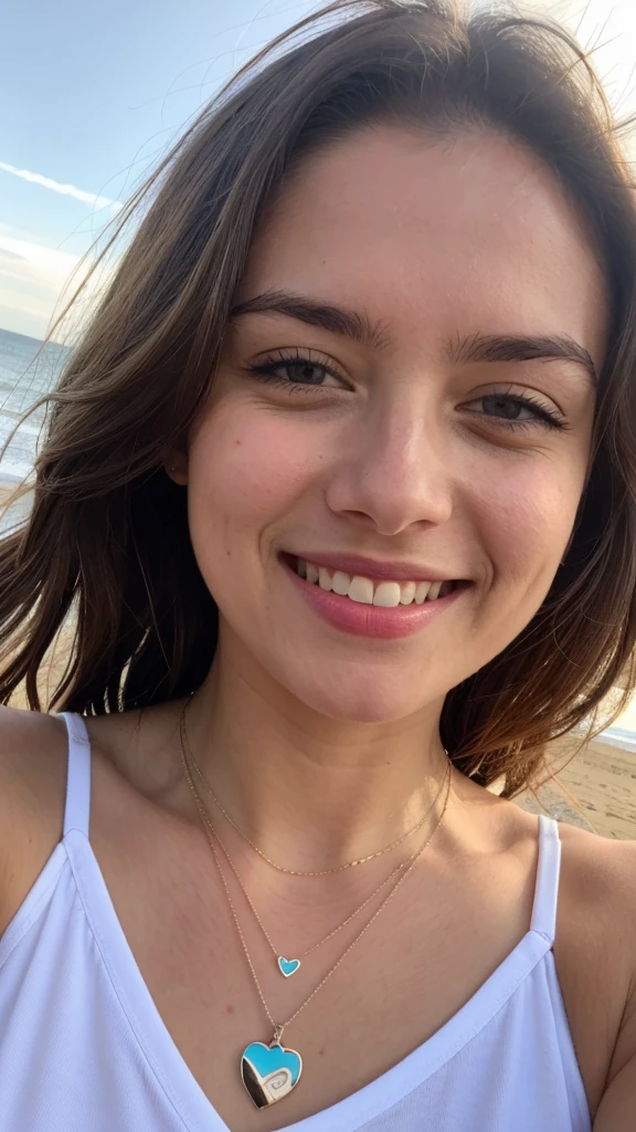 at the seaside, selfie photo, right arm raised with hand behind head and right arm forward to take the photo, beautiful smile, necklace with pendant with a small heart, face close up photo