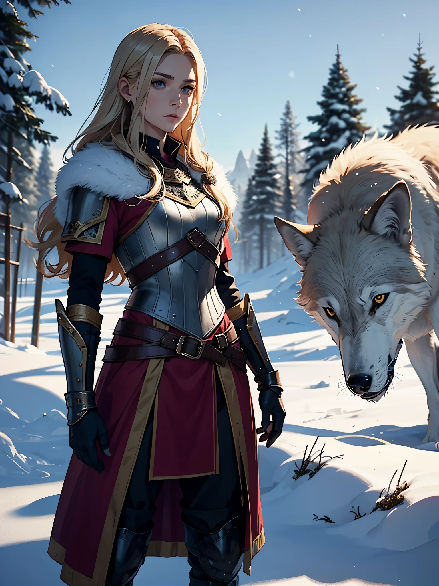 More clothing. armor. masculinity. Nordic goddess. Freya goddess. 2d. flat. Muscles. Vikings. Woman with ash blonde hair. Viking. Snow. Wolf. 