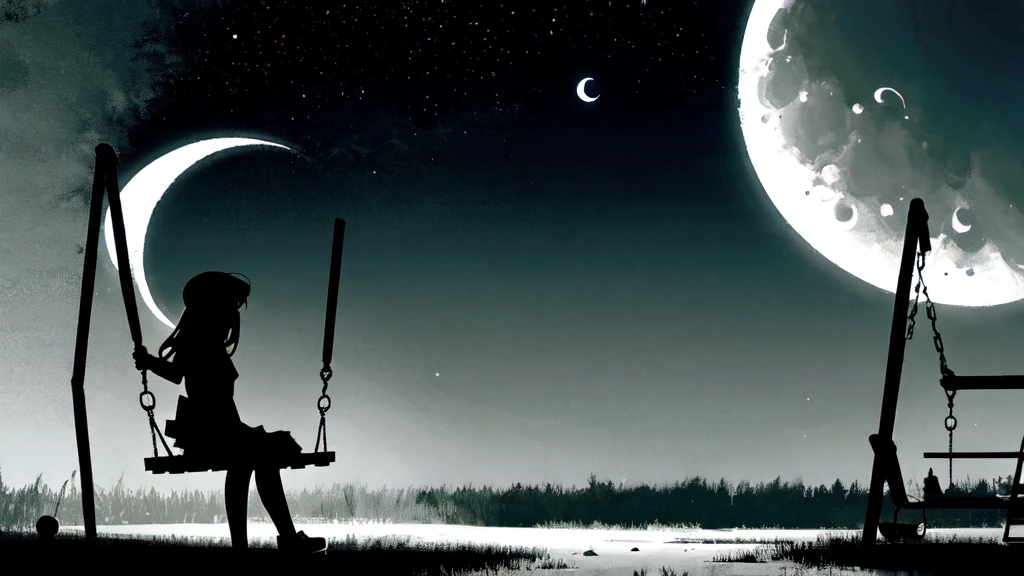 Eerie Illustration.
Make a night view of a park on a star-filled night.
A girl with long, straight hair sits on a swing in the corner of the screen, silhouetted against a large crescent moon.
There is other playground equipment.
The mood should be mysterious, with elements of serenity and eeriness mixed in.
A little horror.
