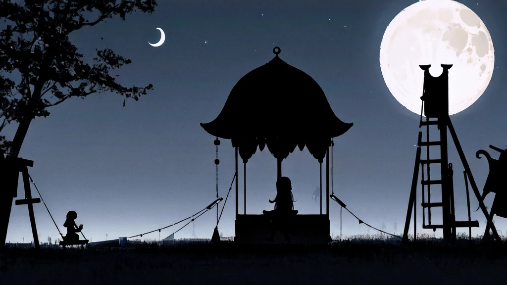 Eerie Illustration.
Make a night view of a park on a star-filled night.
A girl with long, straight hair sits on a swing in the corner of the screen, silhouetted against a large crescent moon.
There is other playground equipment.
The mood should be mysterious, with elements of serenity and eeriness mixed in.
A little horror.
