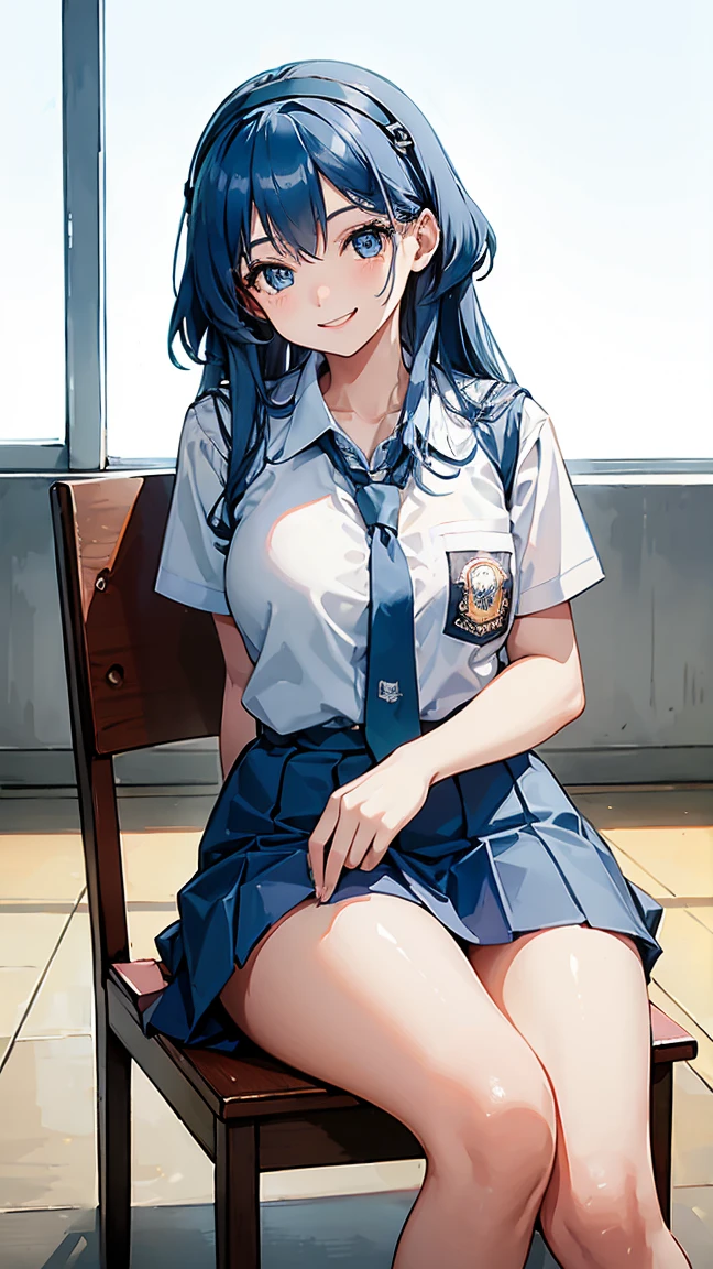 1 woman, ************, (long hair, hairband, blue hair), scared face expression, plump body, blue eyes, Indonesian high-school uniform, (smile:1.4), osis logo on shirt pocket, huge XL breasts, light-grey pleated skirt, sitting on a chair, seductive pose, full body shot, smiling, in the classroom, smile. ako_bluearchive,