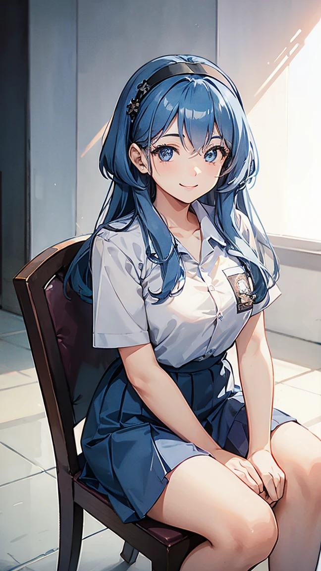 1 woman, ************, (long hair, hairband, blue hair), scared face expression, plump body, blue eyes, Indonesian high-school uniform, (smile:1.4), osis logo on shirt pocket, huge XL breasts, light-grey pleated skirt, sitting on a chair, seductive pose, full body shot, smiling, in the classroom, smile. ako_bluearchive,