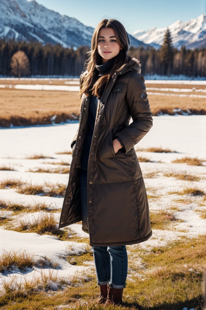 Beautiful girl standing on the white grass