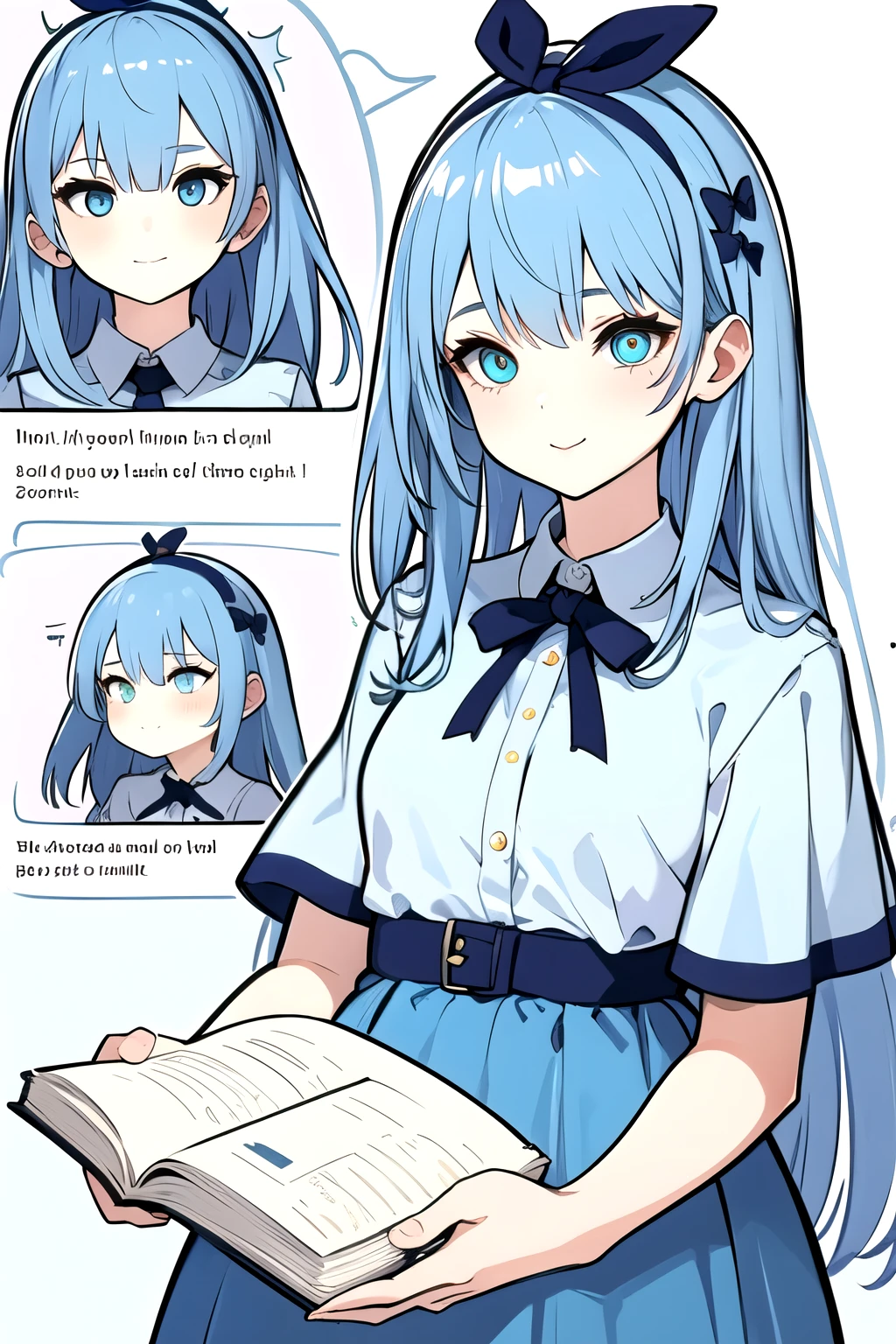 Female high school student,One person,long hair,Can be slightly curled,Color choice bright blue,big eyes,Eye color matches hair color,Expression full of energy,with a smile and a wink,simple cute,The color scheme is bright,Style in line with young people’s preferences,Wear a blue dress or a cute graphic T-shirt,You can have a bow or a small hairpin on your head,Increase cuteness,Character holding a book in hands,Pretend to read or display a book,((best quality)), ((masterpiece)), (detailed),
