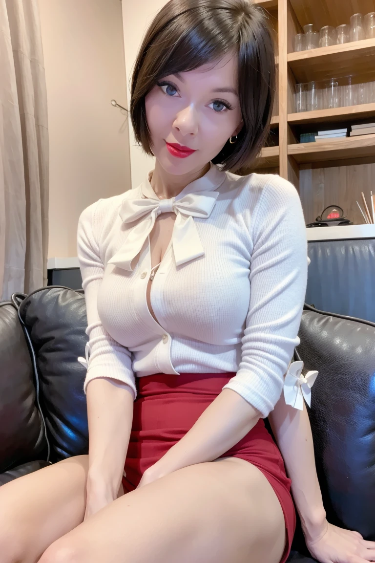 a young bookish woman sitting in a cozy cafe, wearing a white shirt and a bow, surrounded by a comfortable atmosphere, looking at the viewer, short hair, slender, red lips, sheer fabrics, flirting with the camera