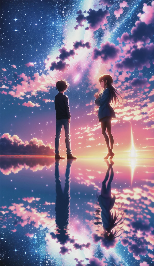anime scenery of two people standing on a rock looking at the sky, cosmic skies. by makoto shinkai, makoto shinkai cyril rolando, beautiful anime scene, anime sky, anime art wallpaper 4 k, anime art wallpaper 4k, anime art wallpaper 8 k, anime beautiful peace scene, in style of makoto shinkai, 4k anime wallpaper
