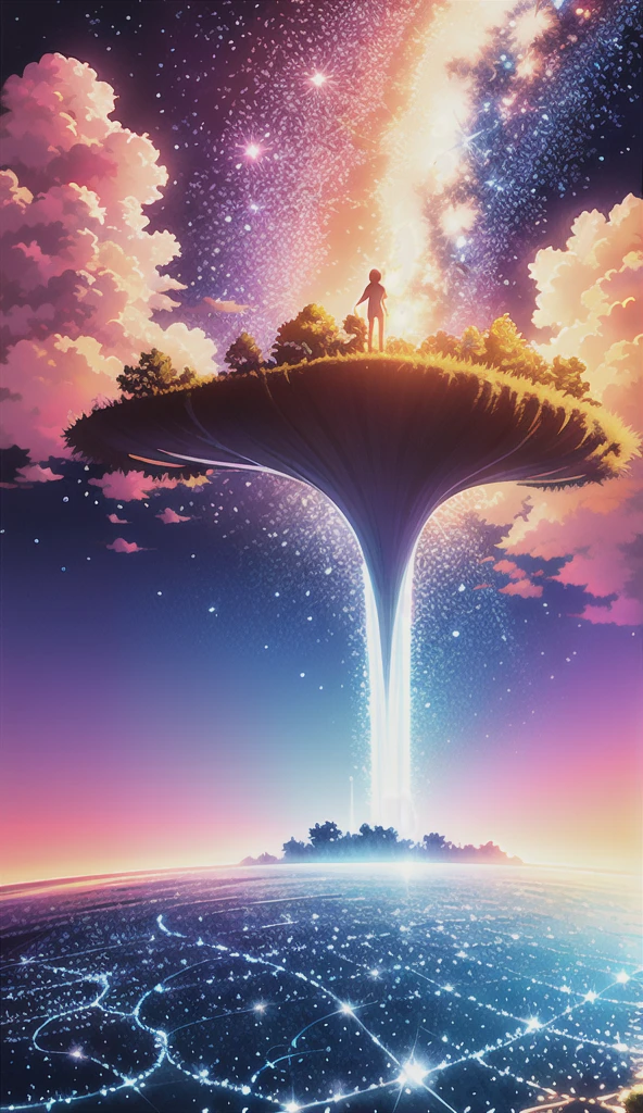 anime scenery of two people standing on a rock looking at the sky, cosmic skies. by makoto shinkai, makoto shinkai cyril rolando, beautiful anime scene, anime sky, anime art wallpaper 4 k, anime art wallpaper 4k, anime art wallpaper 8 k, anime beautiful peace scene, in style of makoto shinkai, 4k anime wallpaper