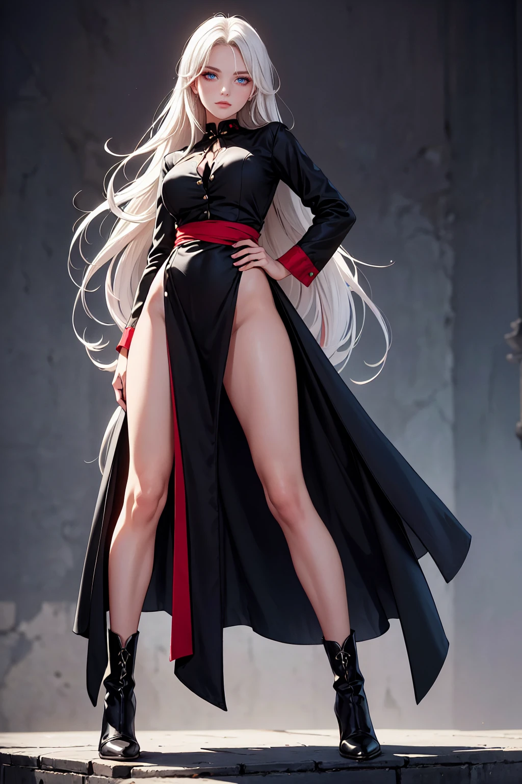 Girl, 20 years old, with long white hair down to below her waist, a serious yet tender expression, and red eyes. Her hair features black streaks. She wears antique-style clothing, a long black dress with a slit on the legs, and high black boots that almost reach her knees. Her power and background are related to shadows and darkness.