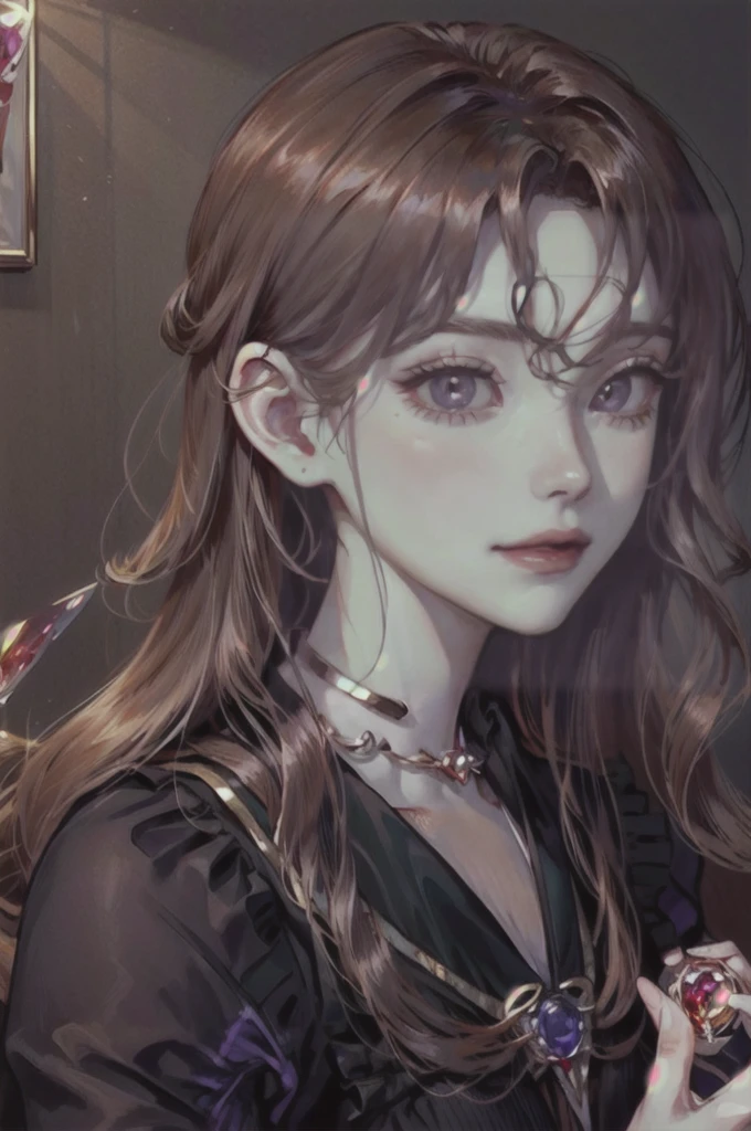 I'd like a headshot portrait of a Noble girl, around 21 years old, with ((rose gold wavy hair: 1.2)), ((Padparadscha sapphire doe eyes: 1.6)), and ((porcelain skin: 1.0)). , cute and delicate appearance with an elegance on it. The portrait should be in a semi-realistic style, resembling an oil painting. She should have a gentle smile and posting and looking in a full frontal. The portrait should be framed in an ornate, gold-colored wooden frame with intricate carvings. The frame is rectangular. It should be in a manhwa historical romance fashion.