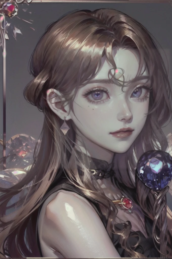 I'd like a headshot portrait of a Noble girl, around 21 years old, with ((rose gold wavy hair: 1.2)), ((Padparadscha sapphire doe eyes: 1.6)), and ((porcelain skin: 1.0)). , cute and delicate appearance with an elegance on it. The portrait should be in a semi-realistic style, resembling an oil painting. She should have a gentle smile and posting and looking in a full frontal. The portrait should be framed in an ornate, gold-colored wooden frame with intricate carvings. The frame is rectangular. It should be in a manhwa historical romance fashion.