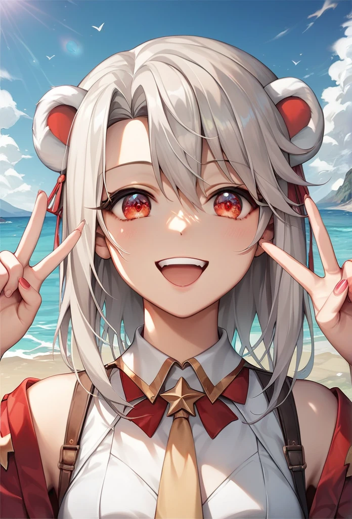 score_9, score_8_superior, score_7_superior, (masterpiece, Highest quality, so beautiful, Super detailed), Intricate details, One girl, Illyasviel von Einzbern, destiny \(series\), Gray Hair, Red eyes, Close one eye, Open your mouth, skirt, Double V, smile,Clothing with bear ears