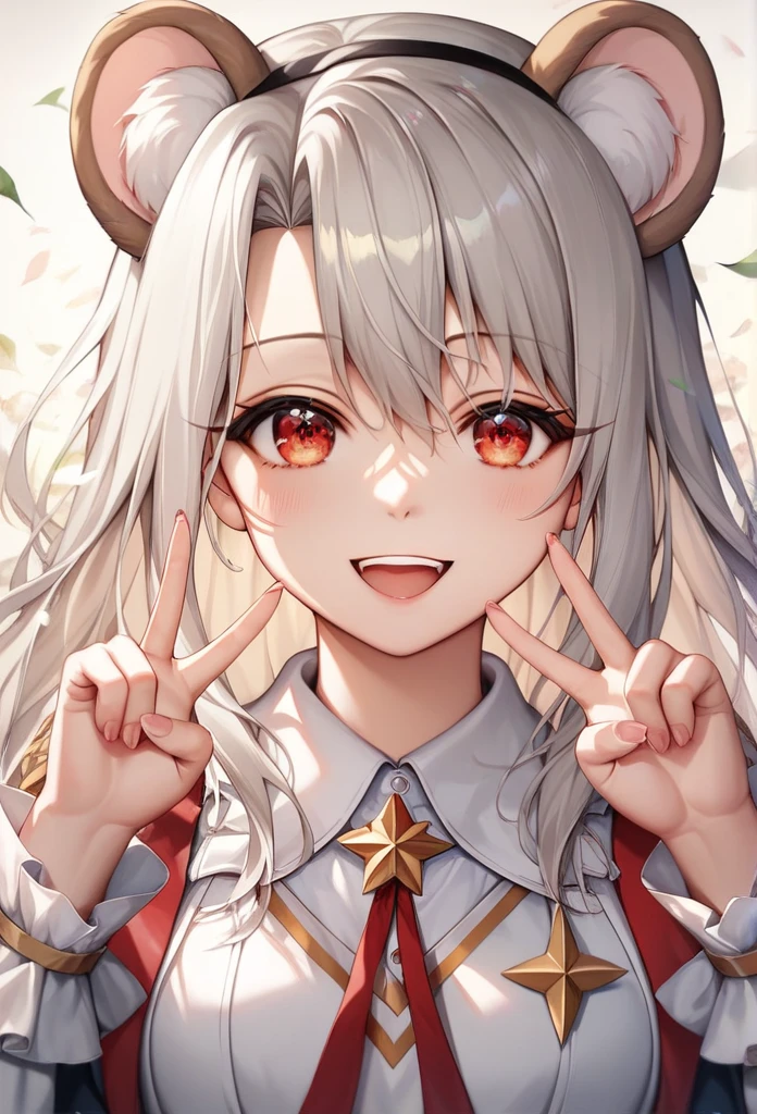 score_9, score_8_superior, score_7_superior, (masterpiece, Highest quality, so beautiful, Super detailed), Intricate details, One girl, Illyasviel von Einzbern, destiny \(series\), Gray Hair, Red eyes, Close one eye, Open your mouth, skirt, Double V, smile,Clothing with bear ears