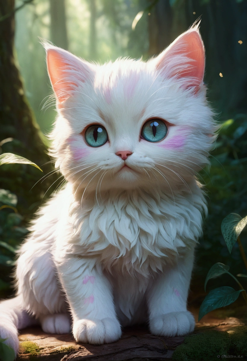 Beautiful with dreamy eyes, Little cat, Volumetric Light, Ultra-realistic, Intricate details, shape, Painting, watercolor, Cute Chibi, forest, ah!, Shallow depth of field, Pastel Color Palette, Soft lighting, minimum, Modern, Digital Painting, Lois van Baerle、Ross Tran、Art by artgerm, Artstation HQのトレンド, Very detailed,Sleep,Are sleeping