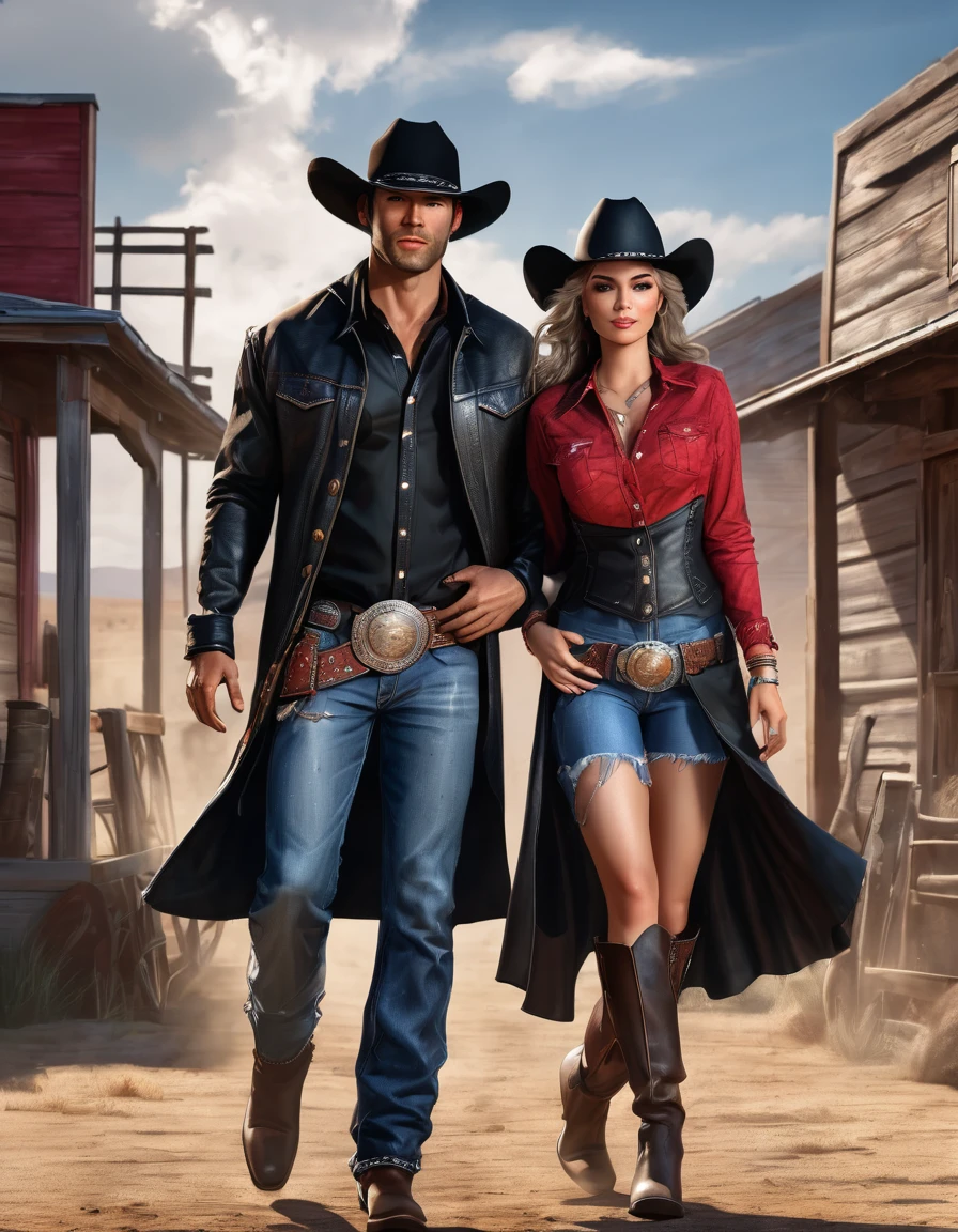 A photorealistic image of a cowboy and a cowgirl, cowgirl is wearing black and red leather with a crop top belly shirt, cleavage, and black cowboy hats, cowboy is dressed in jeans and a button up shirt, wearing cowboy boots and a long duster coat, 16K, highly detailed, the wild wild west.