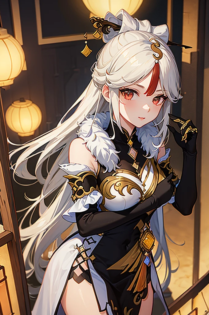 ((Best Quality)), ((Masterpiece)), a perfect face, Ning Guang, Genshin Impact, a beautiful background, mature lady, busty figure