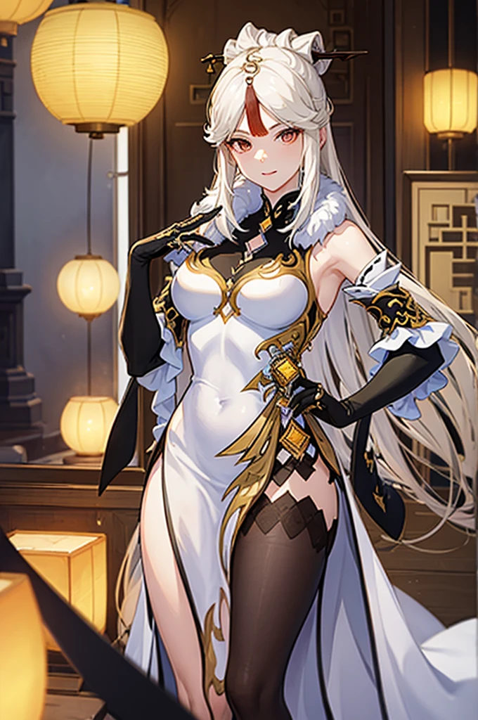 ((Best Quality)), ((Masterpiece)), a perfect face, Ning Guang, Genshin Impact, a beautiful background, mature lady, busty figure
