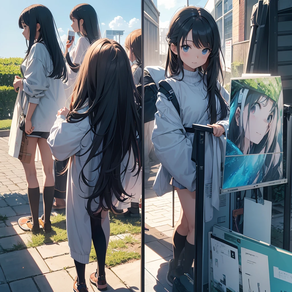 make a image in a a grid of nine panels, like a sprite sheet, in images have to be a anime girl portrait, same girl in all panels, As the sequence progresses, the character's hair becomes increasingly disheveled and animated, suggesting movement or wind action