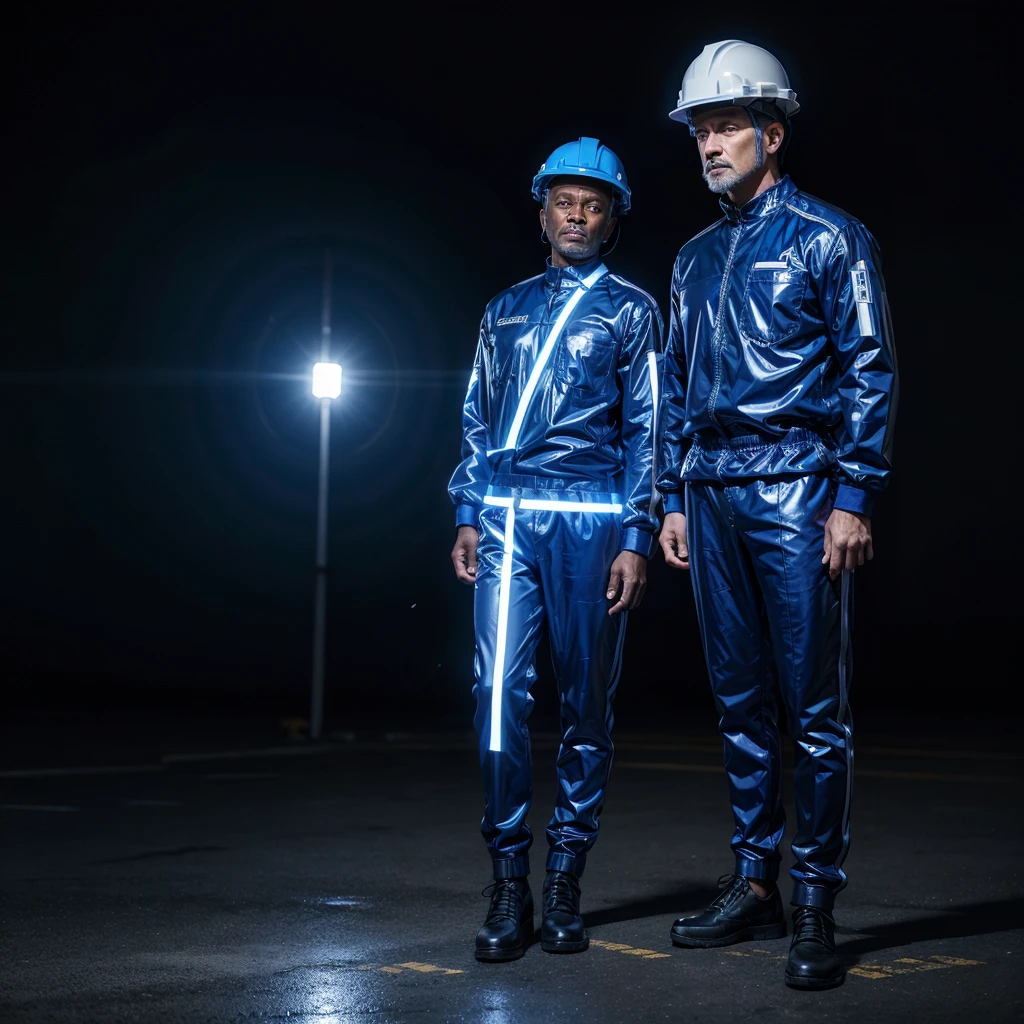 industrial worker in royal blue clothing with full body reflective strip, black mature man with white helmet, background branco para recorte
