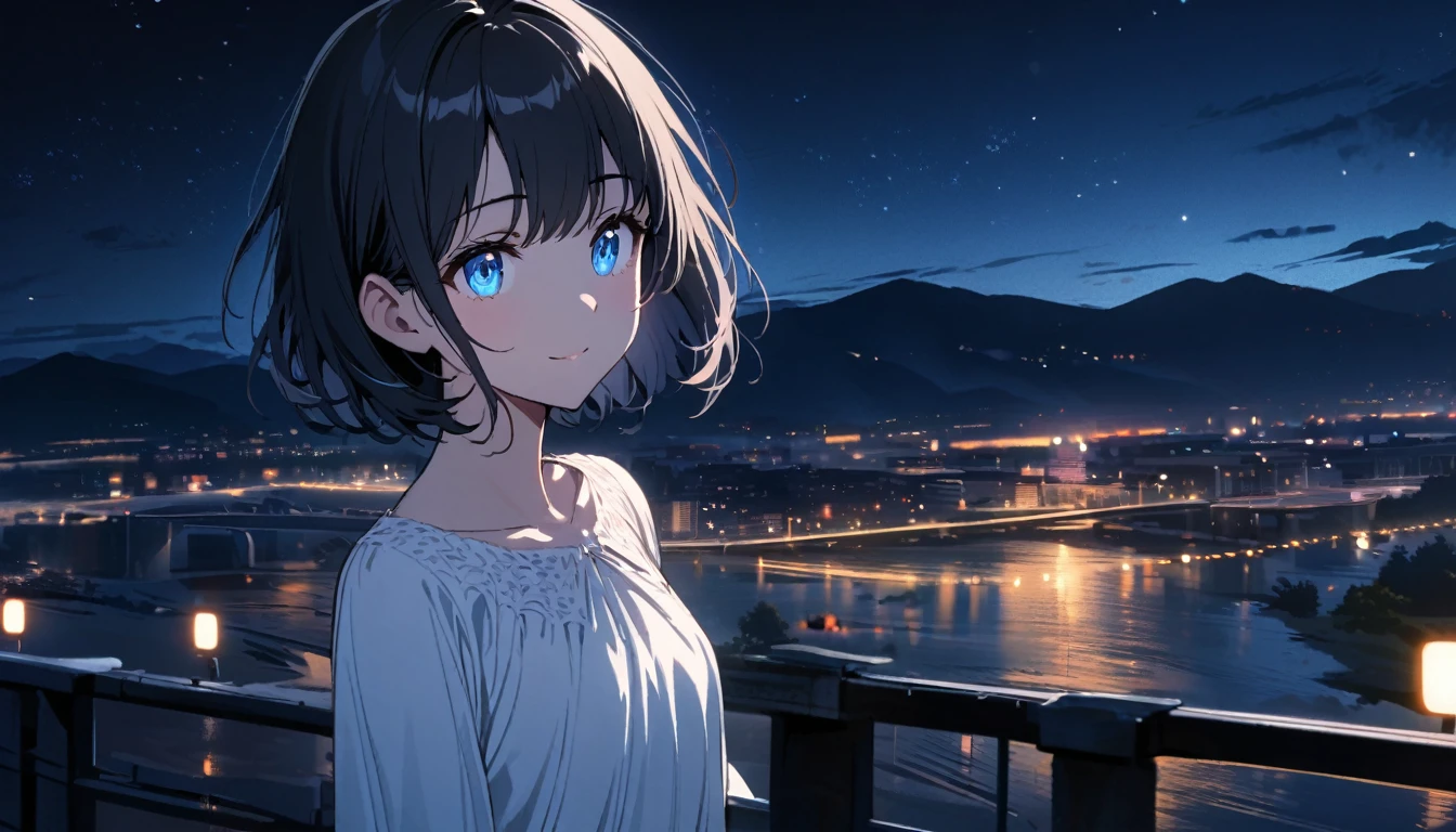 scene of a Beautiful 1girl, solo, gentle smile on her face flat chest, short hair, black hair, blue eyes, (detailed eyes), standing on a bridge at night', wearing a white dress, a young adult woman