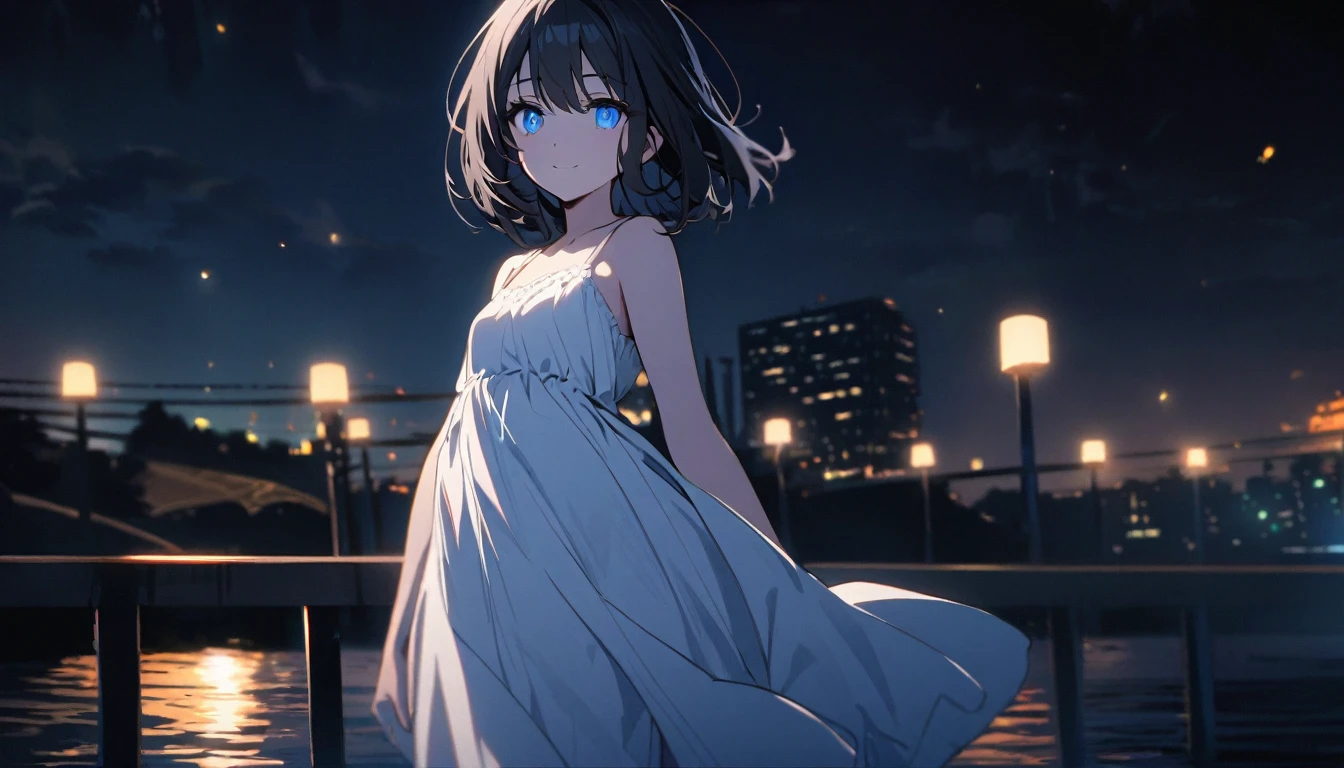scene of a Beautiful 1girl, solo, gentle smile on her face flat chest, short hair, black hair, blue eyes, (detailed eyes), standing on a bridge at night', wearing a white dress