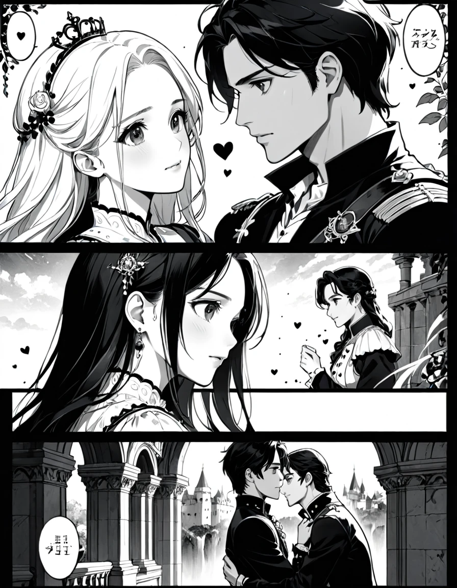 (8k, best quality, master piece: 1.2),super high resolution,ultra-detailed face,deep detailed eyes,A page of a black and white comic book divided into frames、One Western man and one Western woman are Romeo and Juliet、A princess falls in love with a prince、speech bubble、Princess hug,Powerful boy manga style