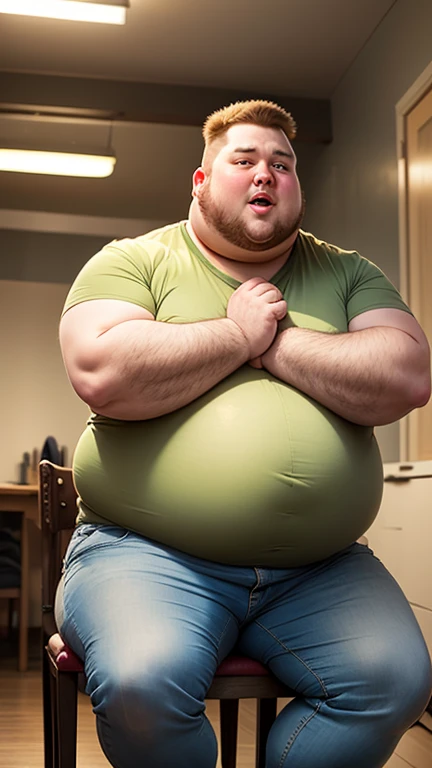 Fat white man sitting indoors