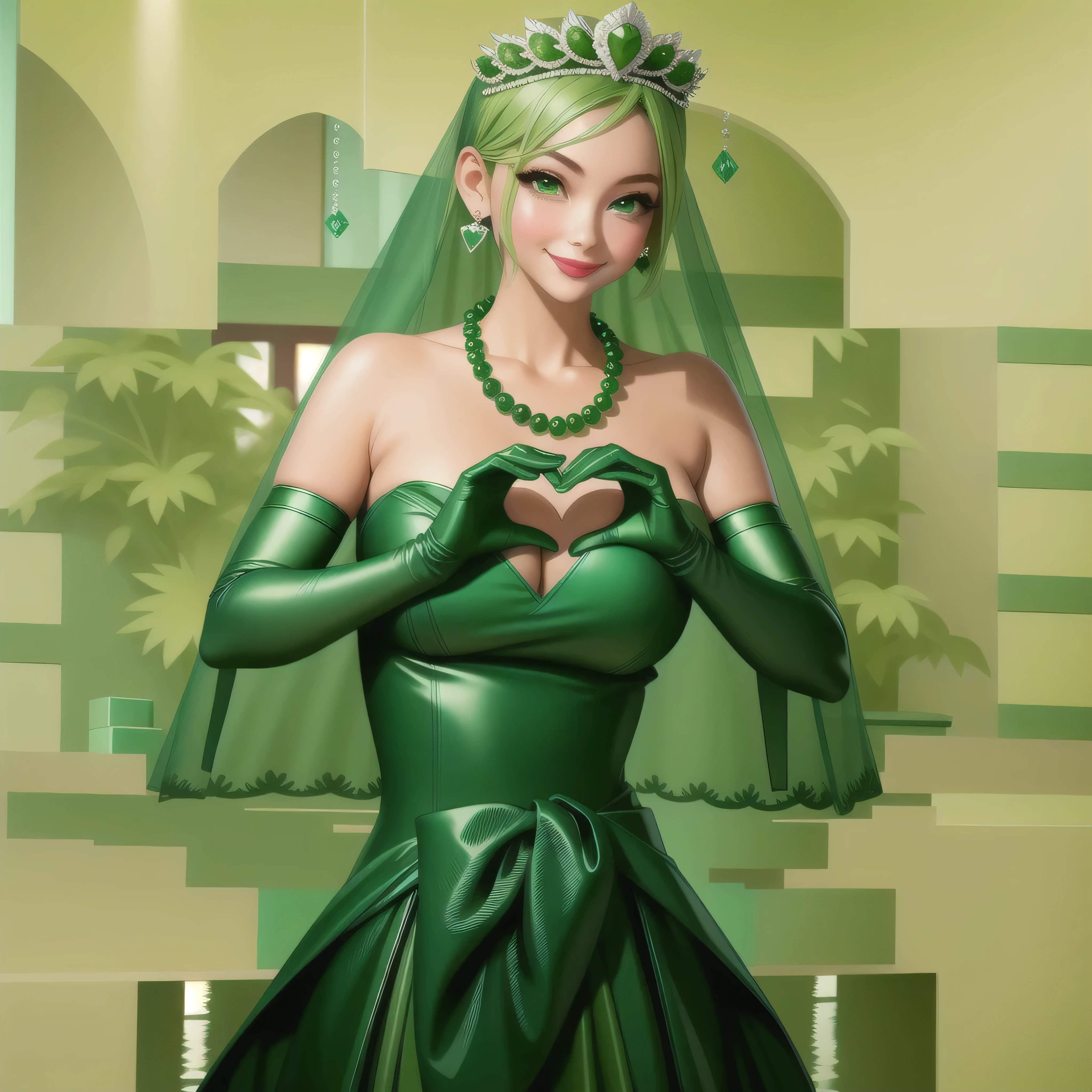 emerald tiara, Green Pearl Necklace, Boyish very short green hair, Green Lips, Smiling Japanese woman, Very short hair, Busty beautiful lady, Green Eyes, Green satin long gloves, Green Eyes, Emerald Earrings, Green veil, Heart with both hands, Green Hair, Beautiful Japanese Woman, Heart shaped hands:1.3, green lip gloss