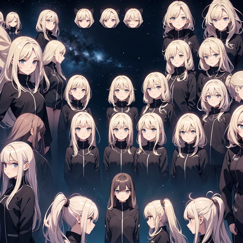 make a image in a a grid of nine panels, like a sprite sheet, in images have to be a anime girl portrait, same girl in all panels, As the sequence progresses, the character's hair becomes increasingly disheveled and animated, suggesting movement or wind action