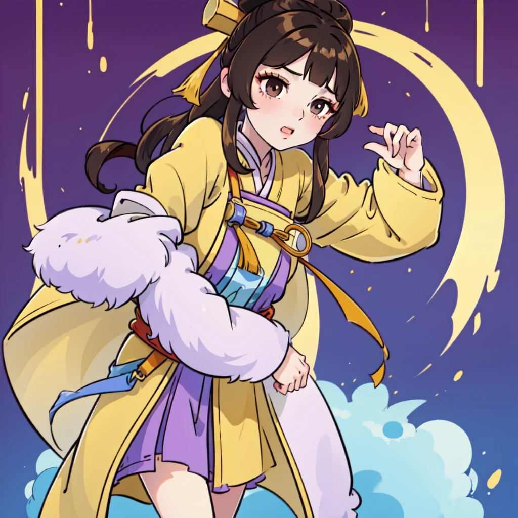 ( Best Quality, ancient china, A girl, Chinese long tunic in pastel yellow color with touches of strong yellow), long brown hair, purple eyes
