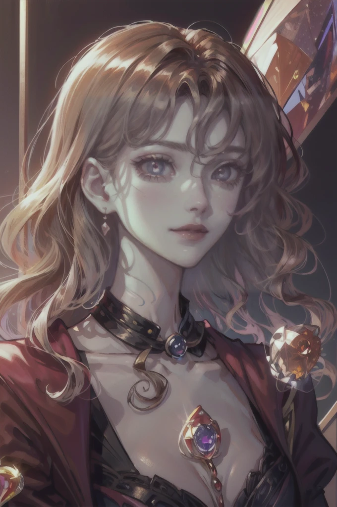 I'd like a headshot portrait of a Noble girl, around 21 years old, with ((rose gold wavy hair: 1.2)), ((Padparadscha sapphire doe eyes: 1.6)), and ((porcelain skin: 1.0)). , cute and delicate appearance with an elegance on it. The portrait should be in a semi-realistic style, resembling an oil painting. She should have a gentle smile and posting and looking in a full frontal. The portrait should be framed in an ornate, gold-colored wooden frame with intricate carvings. The frame is rectangular. It should be in a manhwa historical romance fashion.