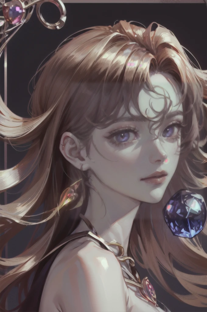 I'd like a headshot portrait of a Noble girl, around 21 years old, with ((rose gold wavy hair: 1.2)), ((Padparadscha sapphire doe eyes: 1.6)), and ((porcelain skin: 1.0)). , cute and delicate appearance with an elegance on it. The portrait should be in a semi-realistic style, resembling an oil painting. She should have a gentle smile and posting and looking in a full frontal. The portrait should be framed in an ornate, gold-colored wooden frame with intricate carvings. The frame is rectangular. It should be in a manhwa historical romance fashion.