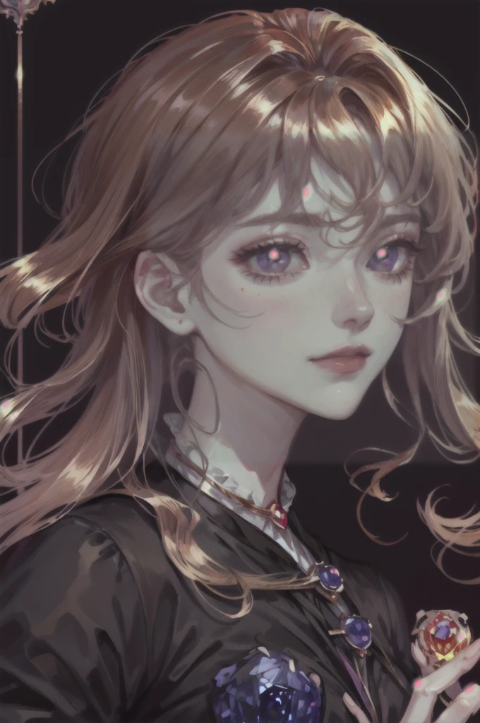 I'd like a headshot portrait of a Noble girl, around 21 years old, with ((rose gold wavy hair: 1.2)), ((Padparadscha sapphire doe eyes: 1.6)), and ((porcelain skin: 1.0)). , cute and delicate appearance with an elegance on it. The portrait should be in a semi-realistic style, resembling an oil painting. She should have a gentle smile and posting and looking in a full frontal. The portrait should be framed in an ornate, gold-colored wooden frame with intricate carvings. The frame is rectangular. It should be in a manhwa historical romance fashion.